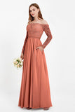 Flowy Chiffon Lace off the shoulder Bridesmaid Dress Long sleeves Formal Evening Party Dresses