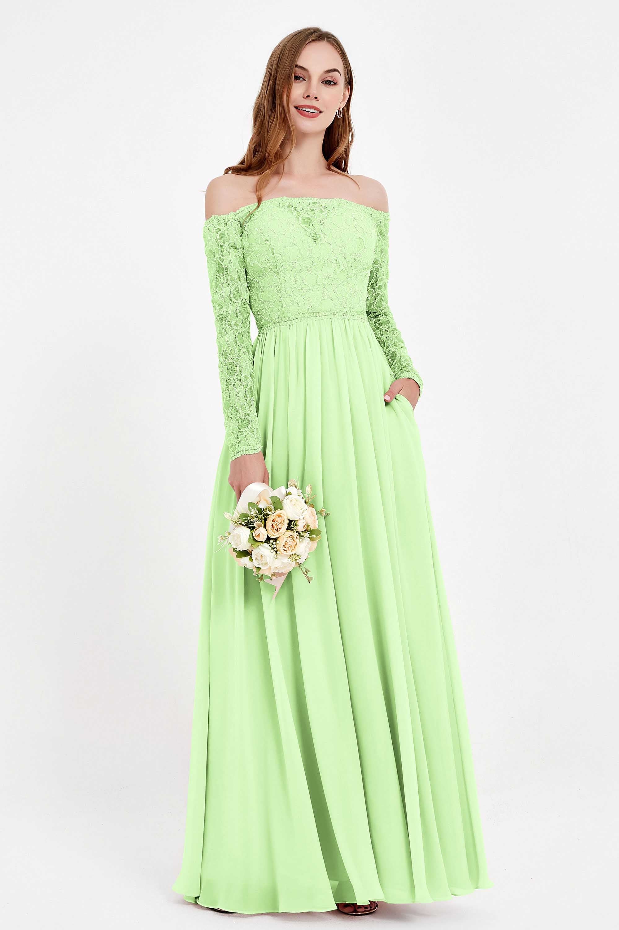 Flowy Chiffon Lace off the shoulder Bridesmaid Dress Long sleeves Formal Evening Party Dresses