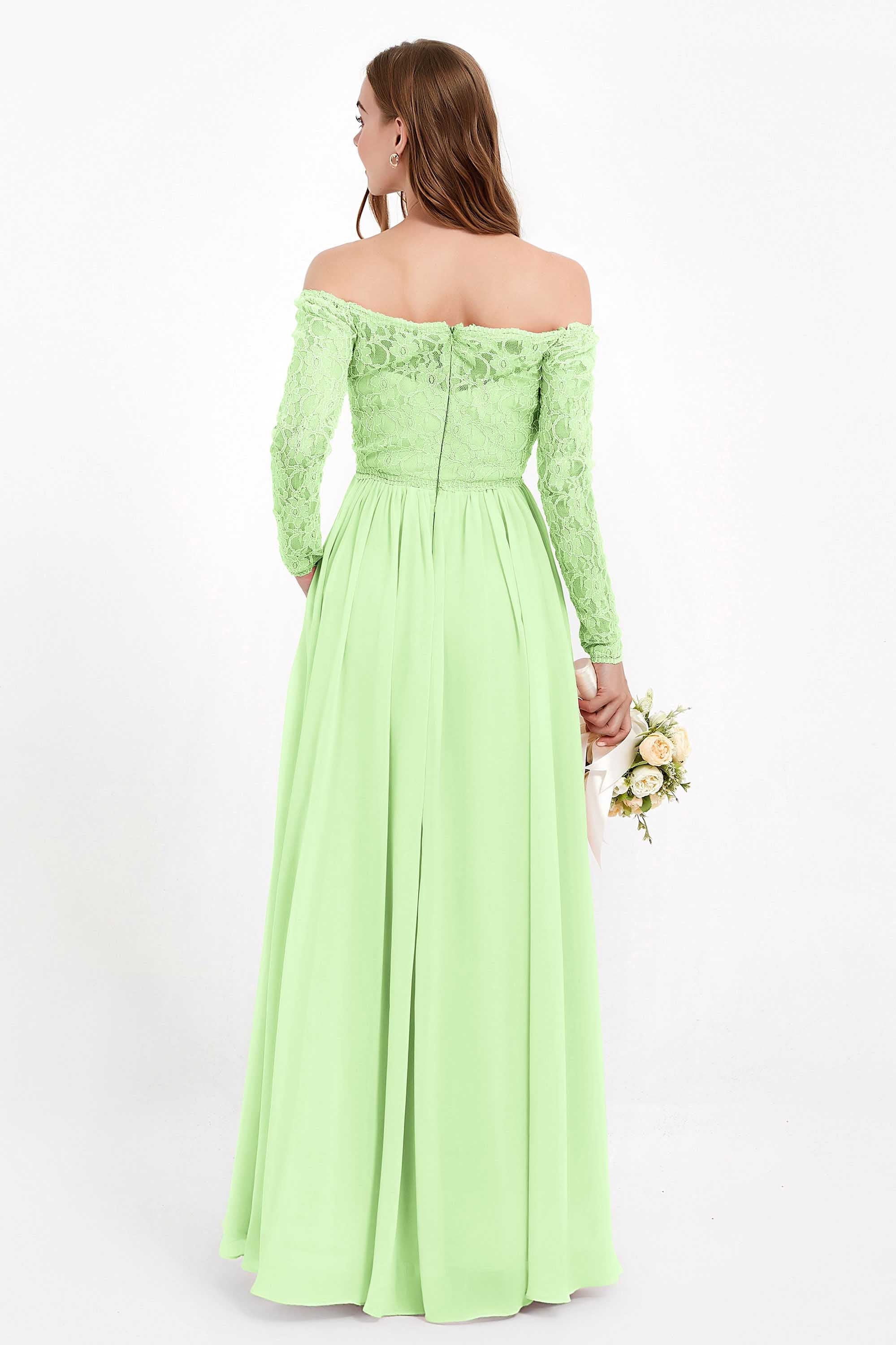 Flowy Chiffon Lace off the shoulder Bridesmaid Dress Long sleeves Formal Evening Party Dresses