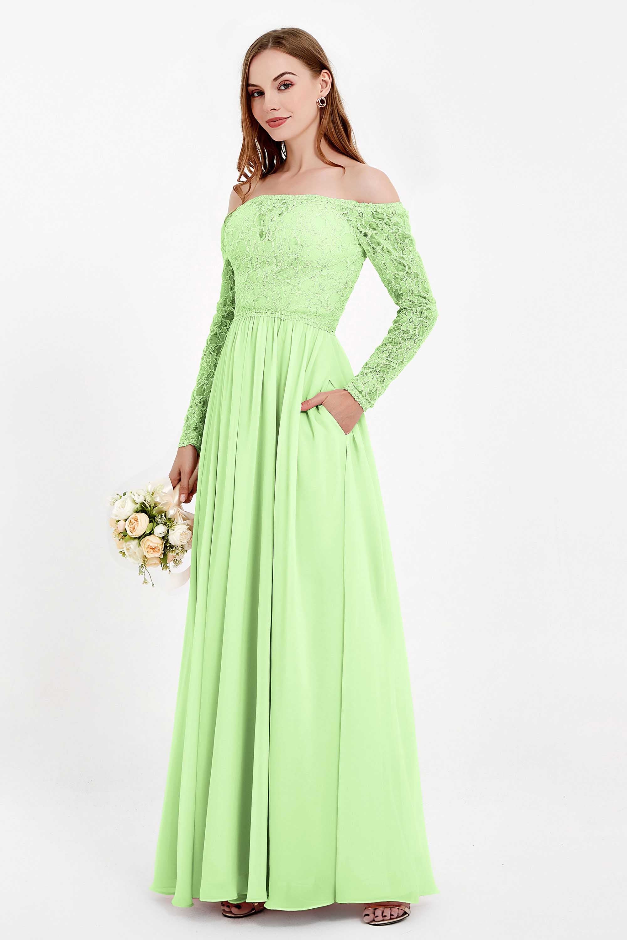 Flowy Chiffon Lace off the shoulder Bridesmaid Dress Long sleeves Formal Evening Party Dresses