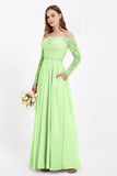 Flowy Chiffon Lace off the shoulder Bridesmaid Dress Long sleeves Formal Evening Party Dresses