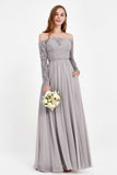 Flowy Chiffon Lace off the shoulder Bridesmaid Dress Long sleeves Formal Evening Party Dresses