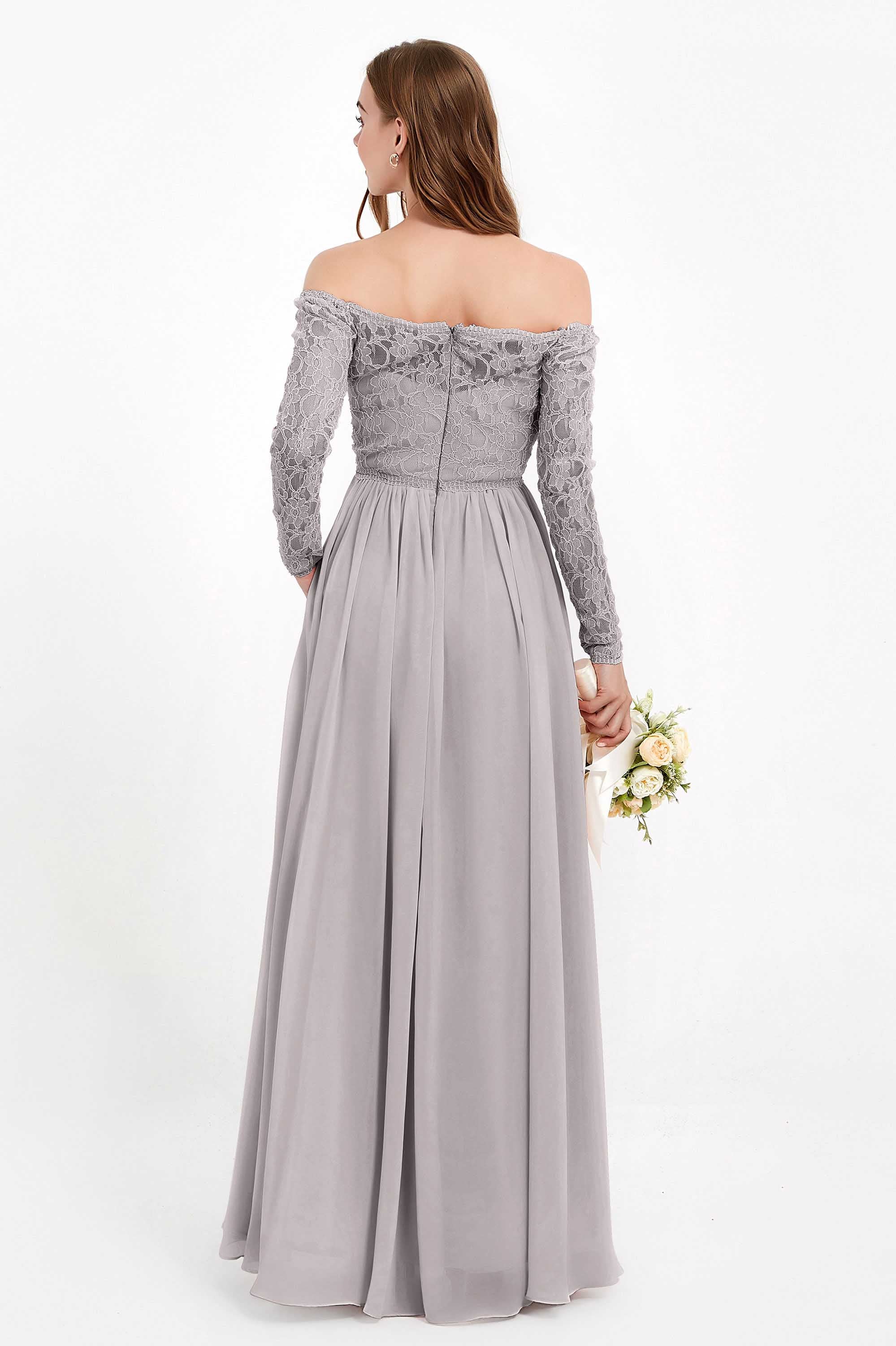 Flowy Chiffon Lace off the shoulder Bridesmaid Dress Long sleeves Formal Evening Party Dresses