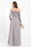 Flowy Chiffon Lace off the shoulder Bridesmaid Dress Long sleeves Formal Evening Party Dresses