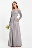 Flowy Chiffon Lace off the shoulder Bridesmaid Dress Long sleeves Formal Evening Party Dresses