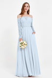 Flowy Chiffon Lace off the shoulder Bridesmaid Dress Long sleeves Formal Evening Party Dresses