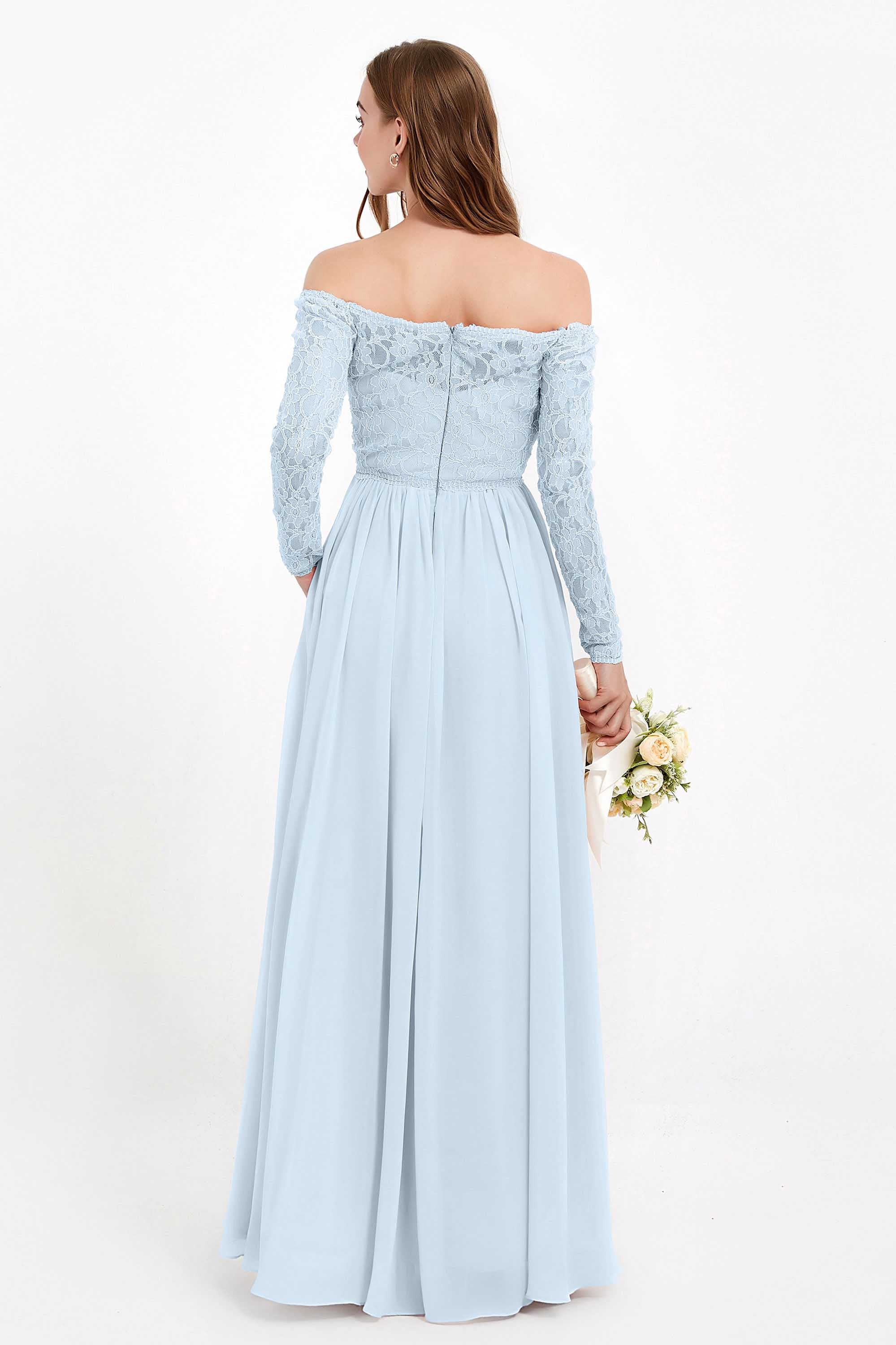 Flowy Chiffon Lace off the shoulder Bridesmaid Dress Long sleeves Formal Evening Party Dresses