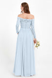 Flowy Chiffon Lace off the shoulder Bridesmaid Dress Long sleeves Formal Evening Party Dresses