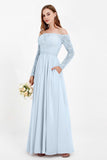 Flowy Chiffon Lace off the shoulder Bridesmaid Dress Long sleeves Formal Evening Party Dresses