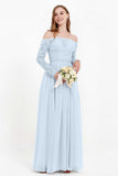 Flowy Chiffon Lace off the shoulder Bridesmaid Dress Long sleeves Formal Evening Party Dresses