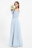 Flowy Chiffon Lace off the shoulder Bridesmaid Dress Long sleeves Formal Evening Party Dresses