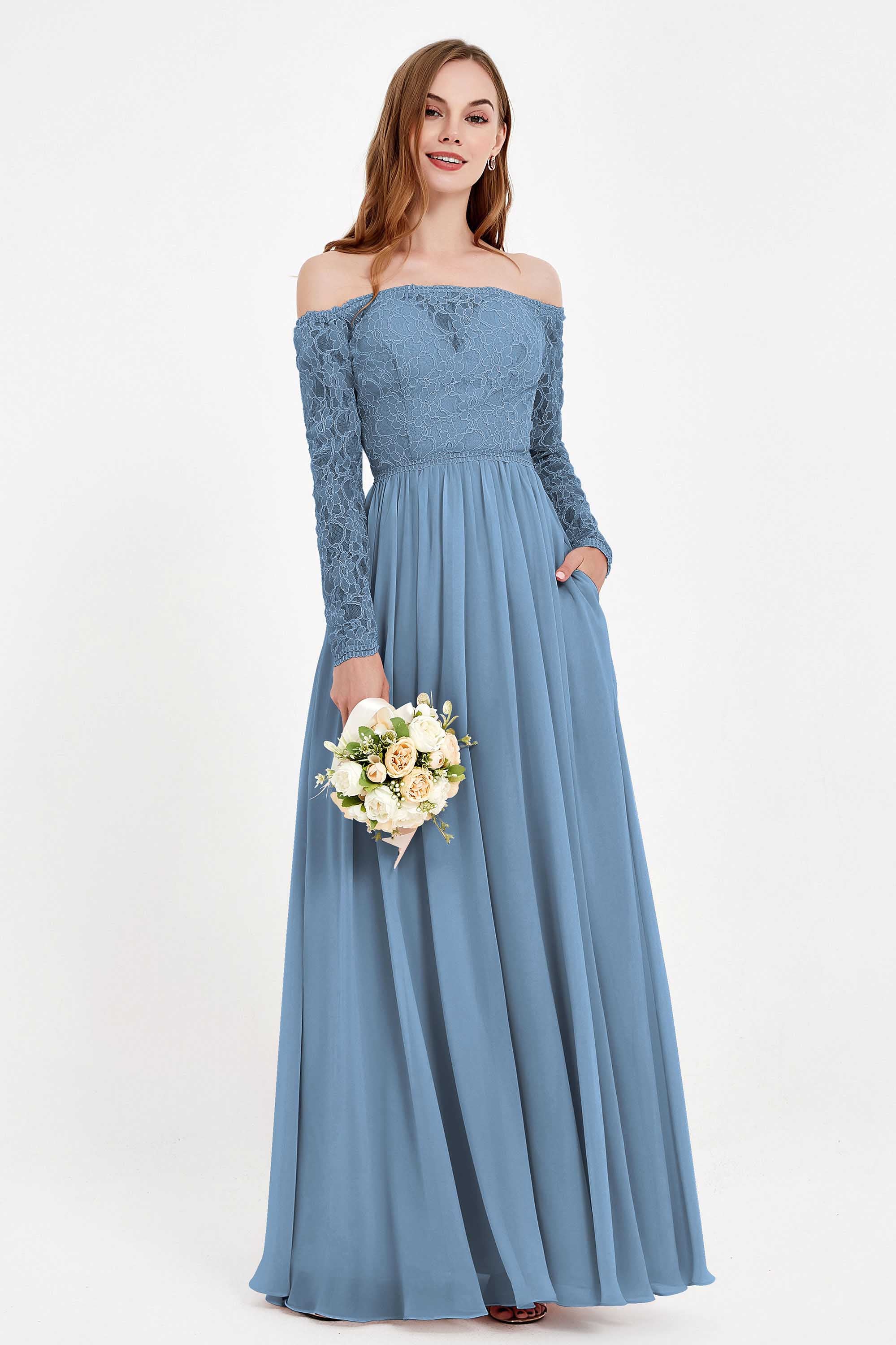 Flowy Chiffon Lace off the shoulder Bridesmaid Dress Long sleeves Formal Evening Party Dresses