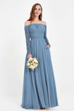 Flowy Chiffon Lace off the shoulder Bridesmaid Dress Long sleeves Formal Evening Party Dresses