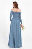 Flowy Chiffon Lace off the shoulder Bridesmaid Dress Long sleeves Formal Evening Party Dresses