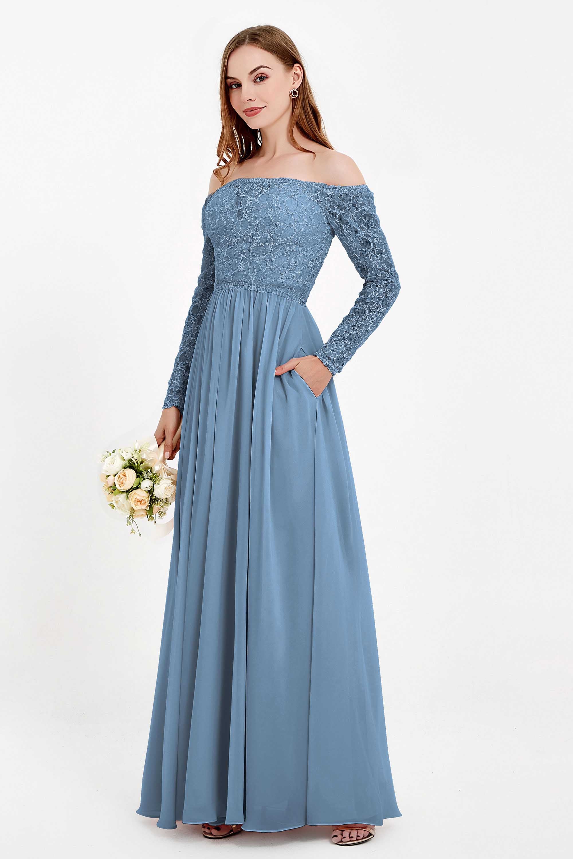 Flowy Chiffon Lace off the shoulder Bridesmaid Dress Long sleeves Formal Evening Party Dresses