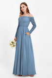 Flowy Chiffon Lace off the shoulder Bridesmaid Dress Long sleeves Formal Evening Party Dresses