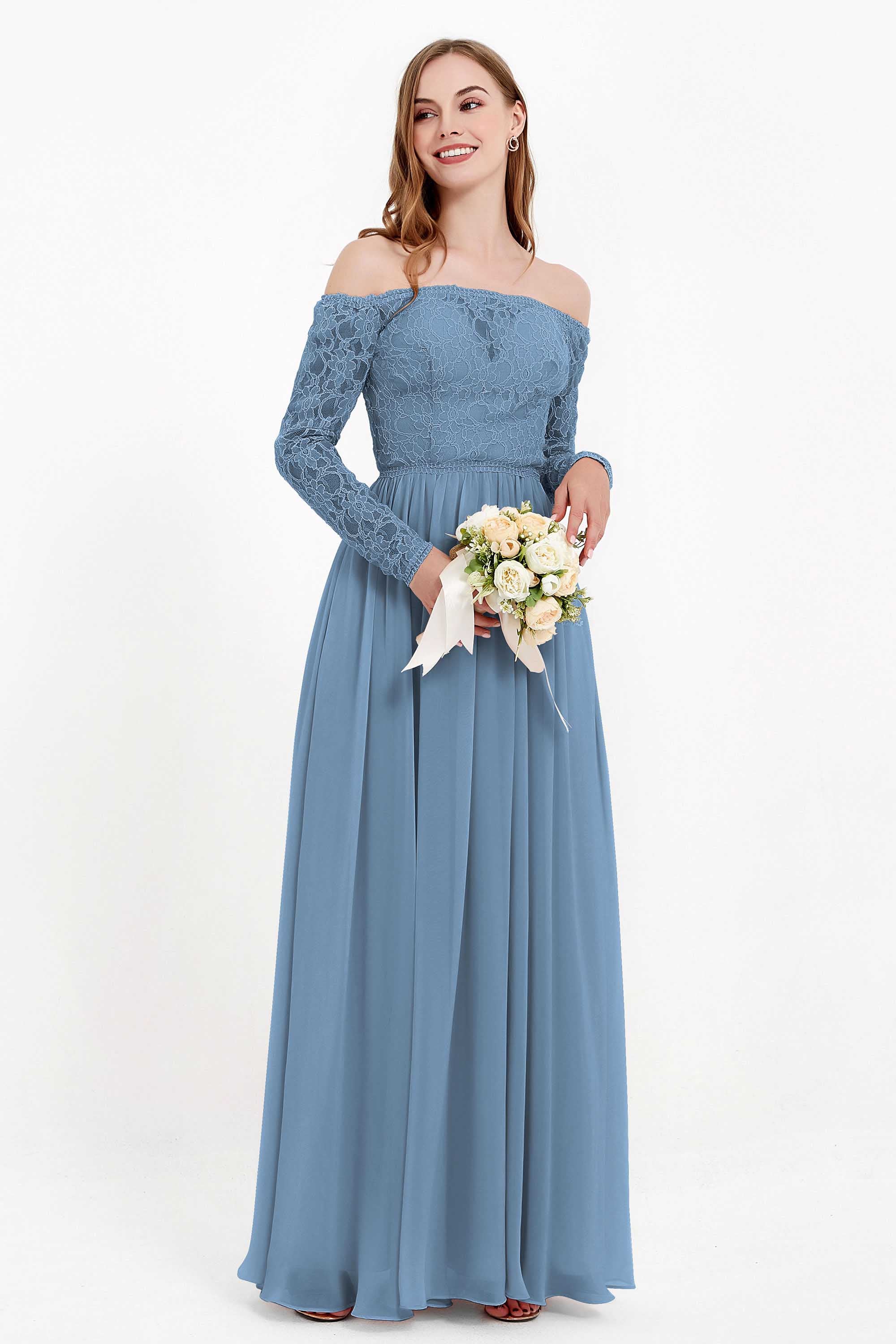Flowy Chiffon Lace off the shoulder Bridesmaid Dress Long sleeves Formal Evening Party Dresses