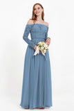 Flowy Chiffon Lace off the shoulder Bridesmaid Dress Long sleeves Formal Evening Party Dresses
