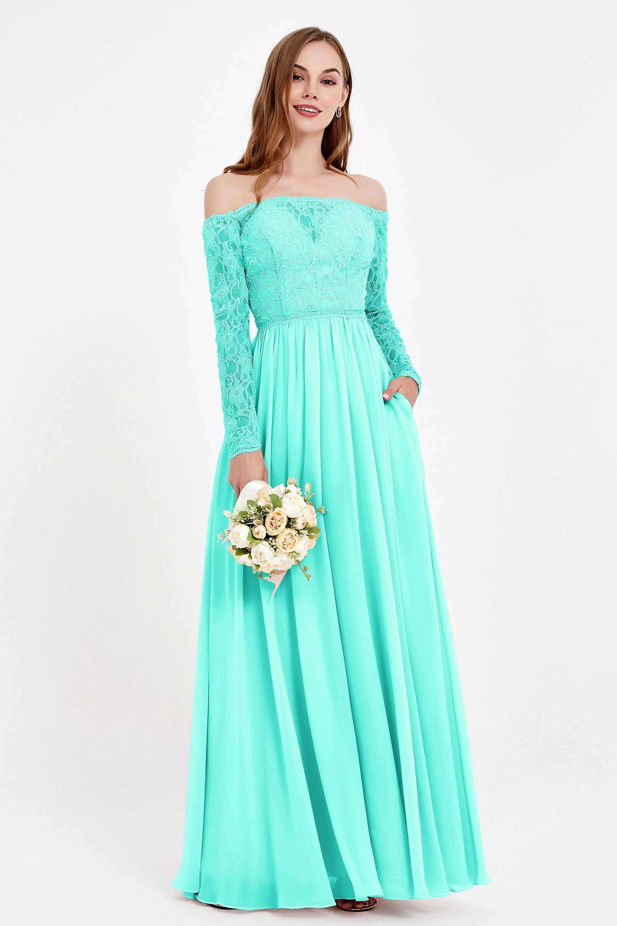 Flowy Chiffon Lace off the shoulder Bridesmaid Dress Long sleeves Formal Evening Party Dresses