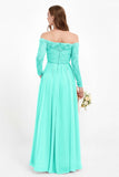 Flowy Chiffon Lace off the shoulder Bridesmaid Dress Long sleeves Formal Evening Party Dresses