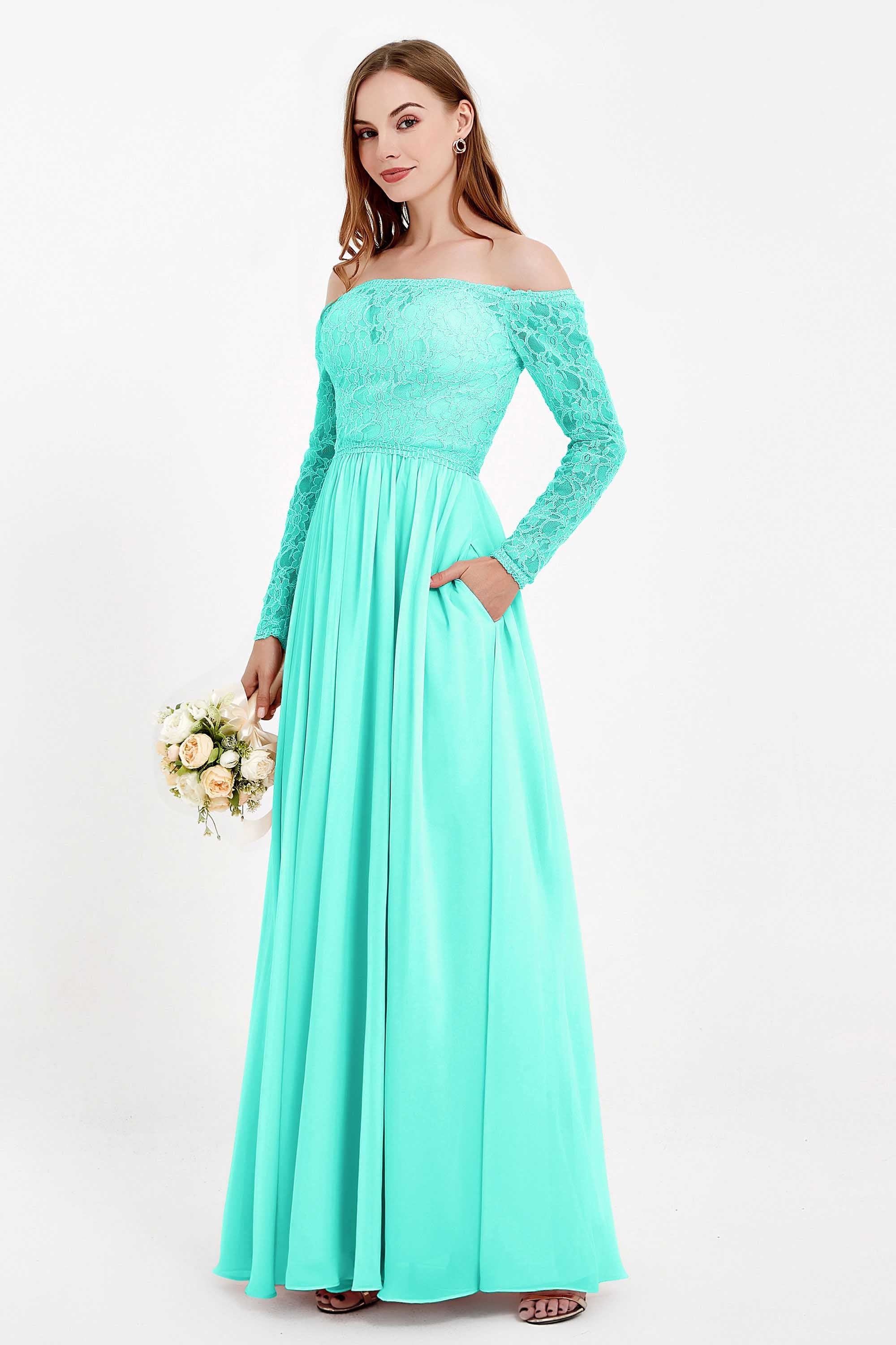 Flowy Chiffon Lace off the shoulder Bridesmaid Dress Long sleeves Formal Evening Party Dresses