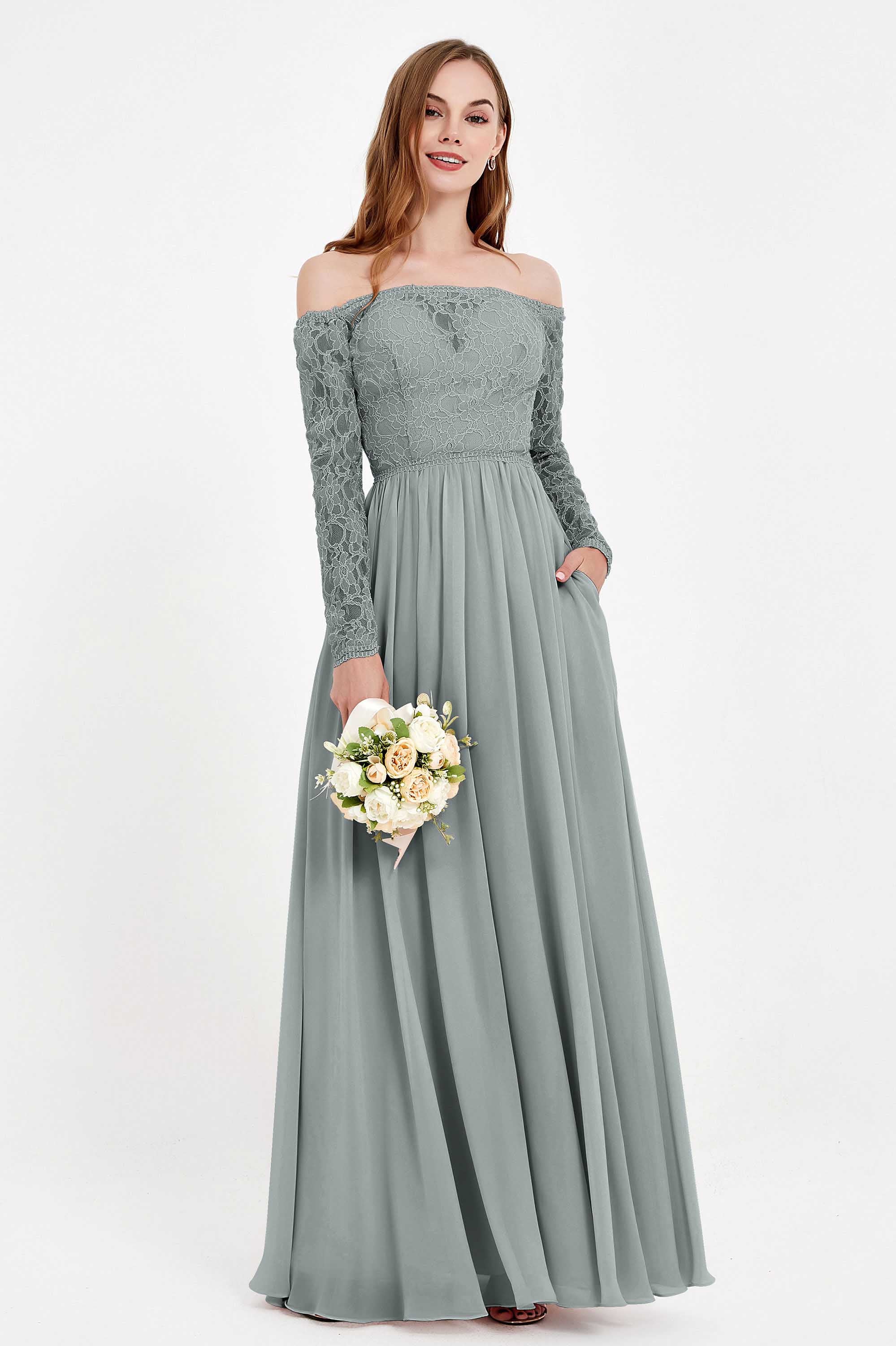 Flowy Chiffon Lace off the shoulder Bridesmaid Dress Long sleeves Formal Evening Party Dresses