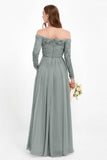 Flowy Chiffon Lace off the shoulder Bridesmaid Dress Long sleeves Formal Evening Party Dresses