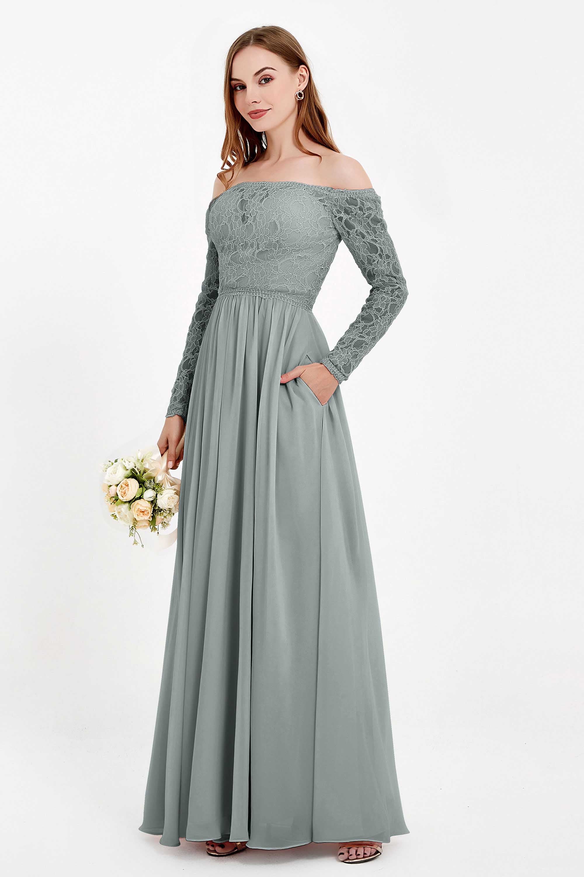 Flowy Chiffon Lace off the shoulder Bridesmaid Dress Long sleeves Formal Evening Party Dresses