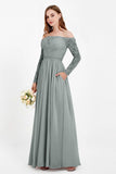 Flowy Chiffon Lace off the shoulder Bridesmaid Dress Long sleeves Formal Evening Party Dresses