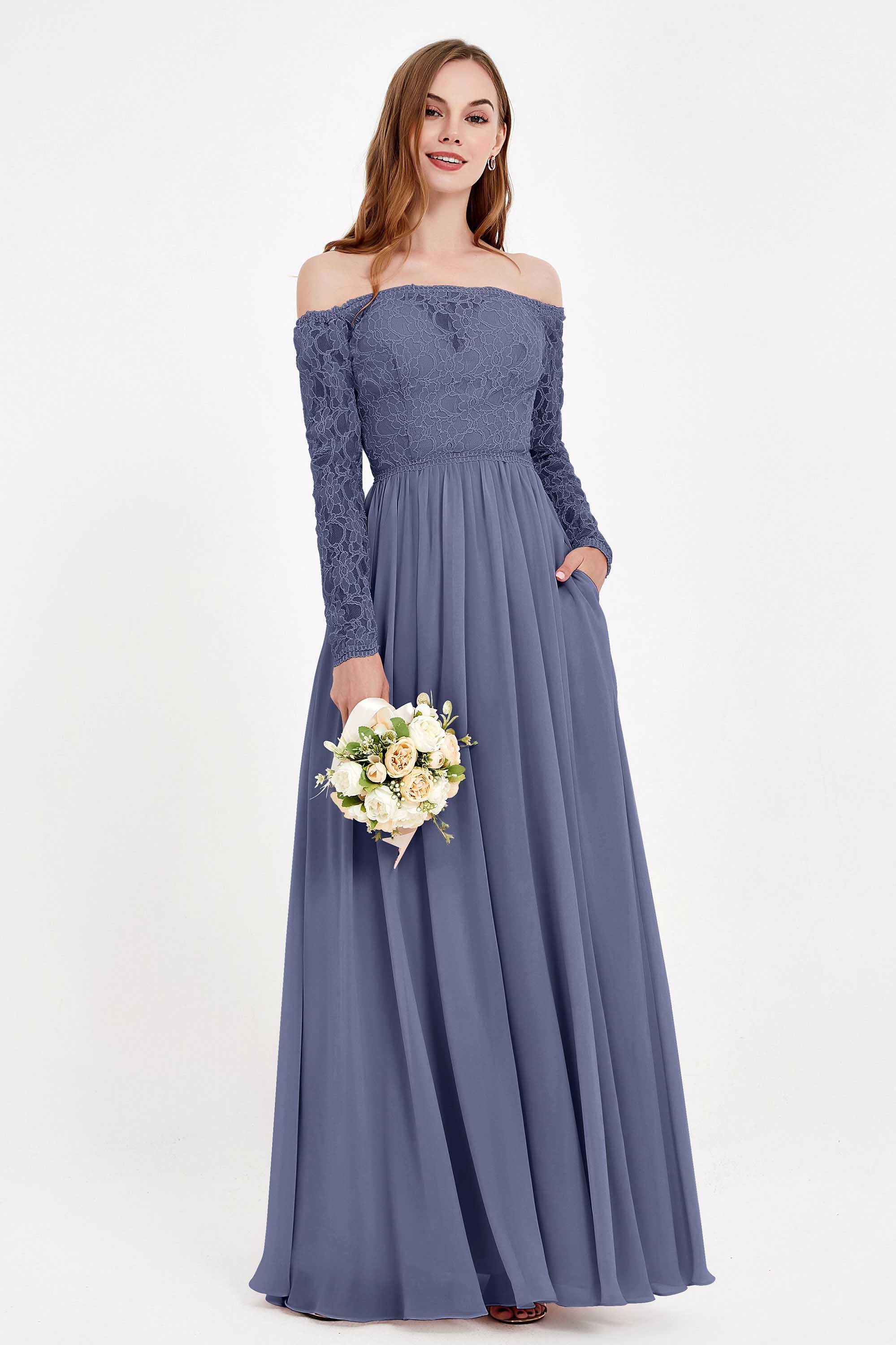 Flowy Chiffon Lace off the shoulder Bridesmaid Dress Long sleeves Formal Evening Party Dresses
