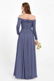 Flowy Chiffon Lace off the shoulder Bridesmaid Dress Long sleeves Formal Evening Party Dresses