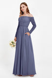 Flowy Chiffon Lace off the shoulder Bridesmaid Dress Long sleeves Formal Evening Party Dresses