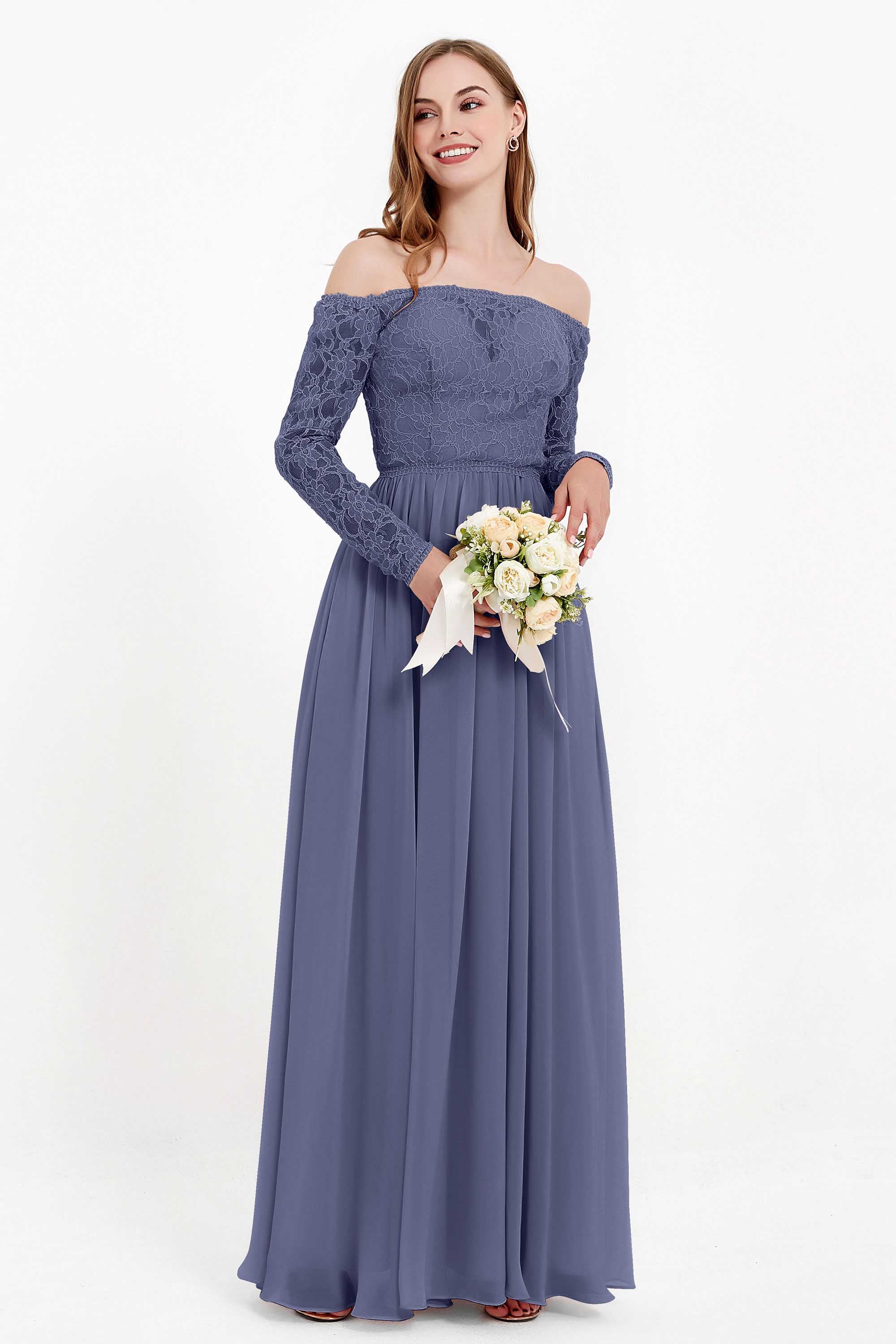 Flowy Chiffon Lace off the shoulder Bridesmaid Dress Long sleeves Formal Evening Party Dresses