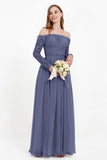 Flowy Chiffon Lace off the shoulder Bridesmaid Dress Long sleeves Formal Evening Party Dresses