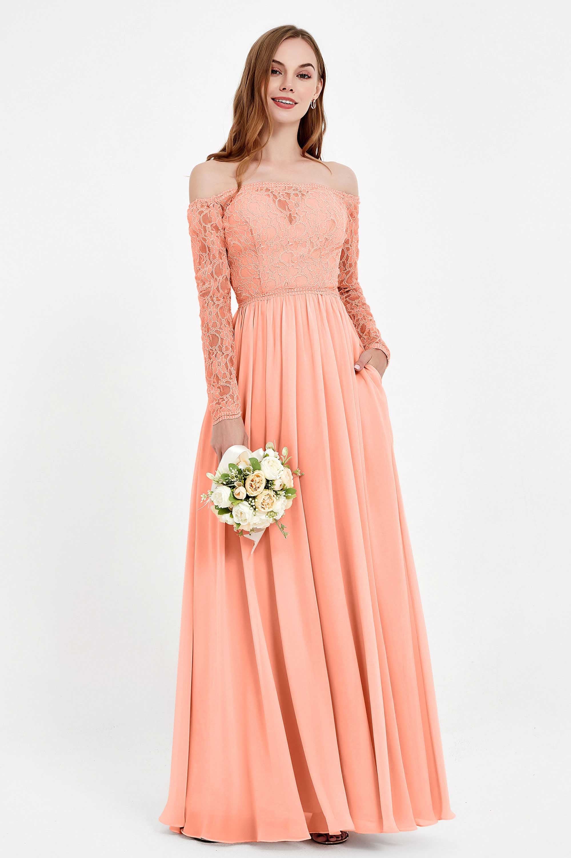 Flowy Chiffon Lace off the shoulder Bridesmaid Dress Long sleeves Formal Evening Party Dresses
