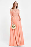 Flowy Chiffon Lace off the shoulder Bridesmaid Dress Long sleeves Formal Evening Party Dresses