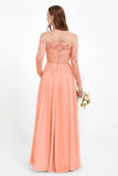 Flowy Chiffon Lace off the shoulder Bridesmaid Dress Long sleeves Formal Evening Party Dresses