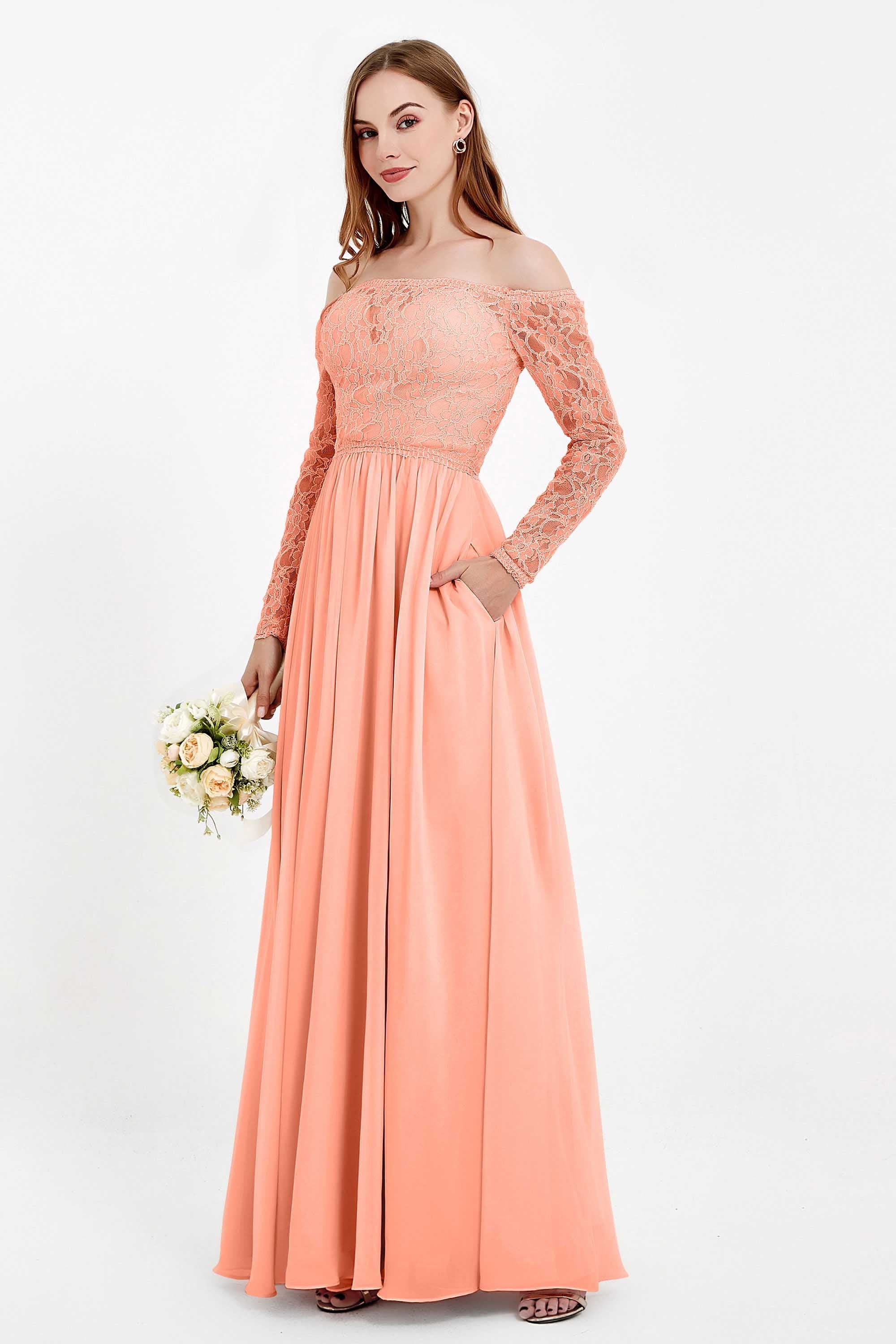 Flowy Chiffon Lace off the shoulder Bridesmaid Dress Long sleeves Formal Evening Party Dresses