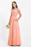 Flowy Chiffon Lace off the shoulder Bridesmaid Dress Long sleeves Formal Evening Party Dresses