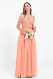 Flowy Chiffon Lace off the shoulder Bridesmaid Dress Long sleeves Formal Evening Party Dresses