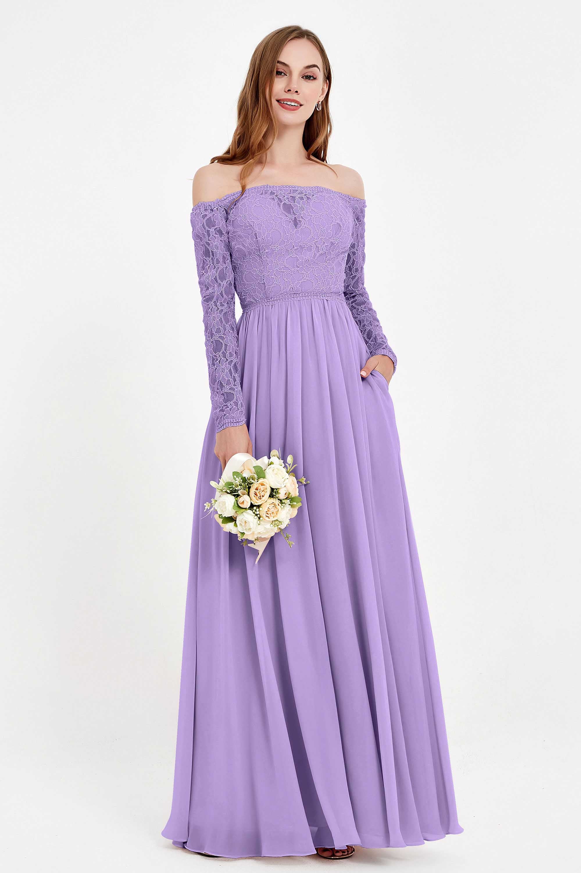 Flowy Chiffon Lace off the shoulder Bridesmaid Dress Long sleeves Formal Evening Party Dresses