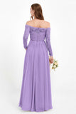 Flowy Chiffon Lace off the shoulder Bridesmaid Dress Long sleeves Formal Evening Party Dresses