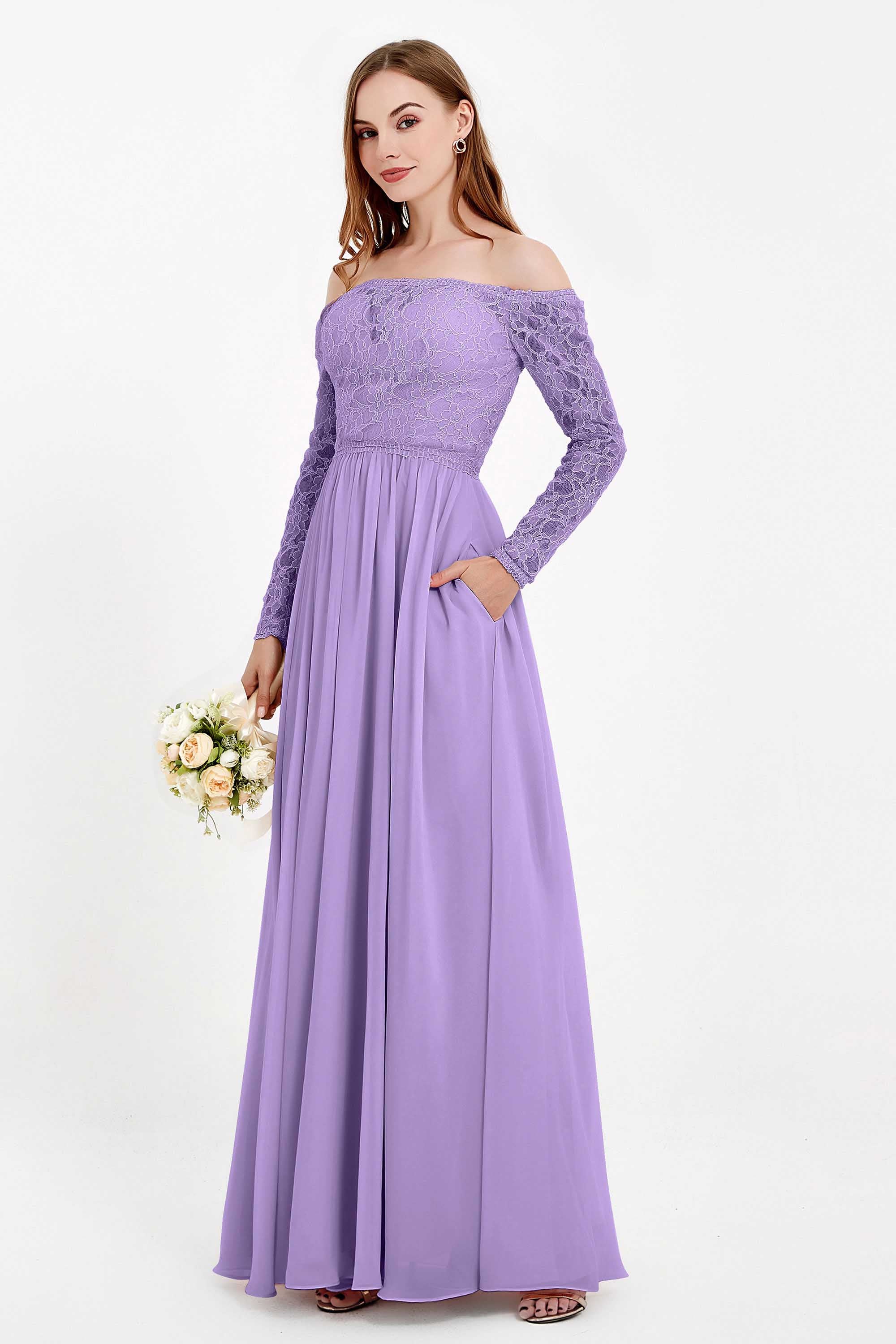Flowy Chiffon Lace off the shoulder Bridesmaid Dress Long sleeves Formal Evening Party Dresses