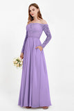 Flowy Chiffon Lace off the shoulder Bridesmaid Dress Long sleeves Formal Evening Party Dresses
