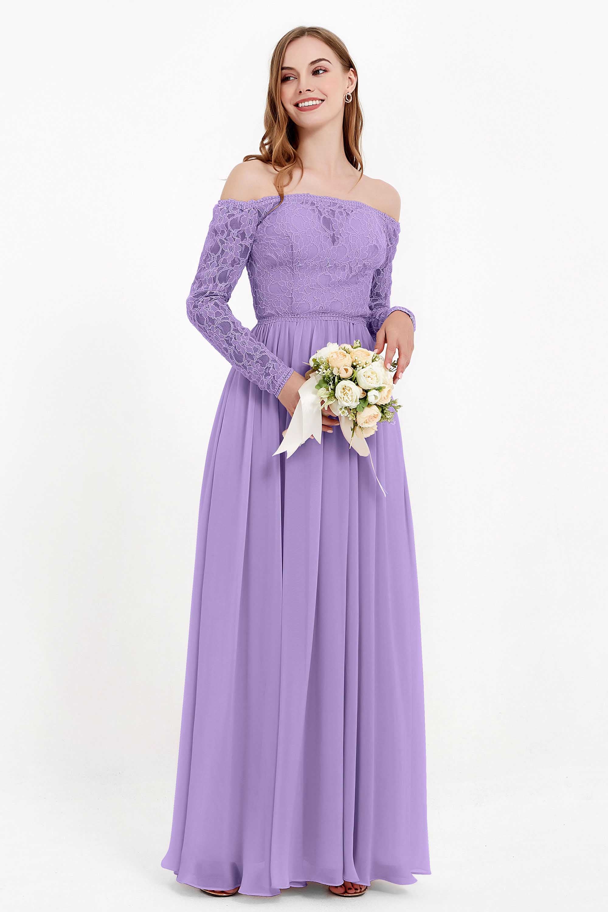Flowy Chiffon Lace off the shoulder Bridesmaid Dress Long sleeves Formal Evening Party Dresses