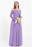 Flowy Chiffon Lace off the shoulder Bridesmaid Dress Long sleeves Formal Evening Party Dresses