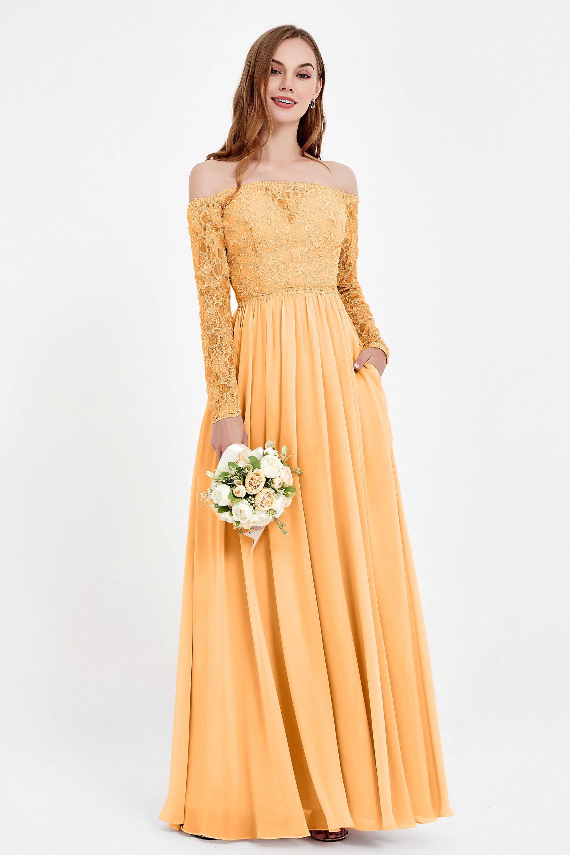 Flowy Chiffon Lace off the shoulder Bridesmaid Dress Long sleeves Formal Evening Party Dresses