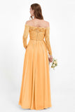 Flowy Chiffon Lace off the shoulder Bridesmaid Dress Long sleeves Formal Evening Party Dresses