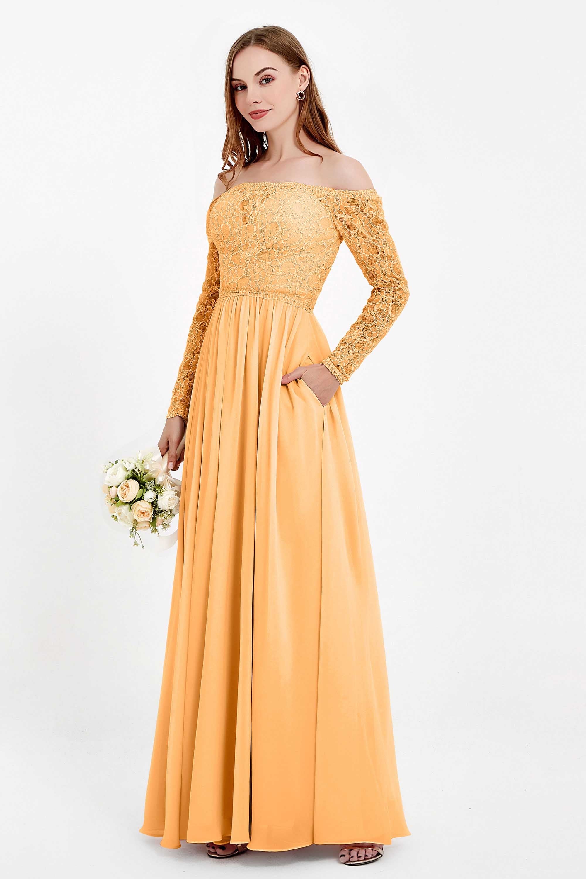 Flowy Chiffon Lace off the shoulder Bridesmaid Dress Long sleeves Formal Evening Party Dresses