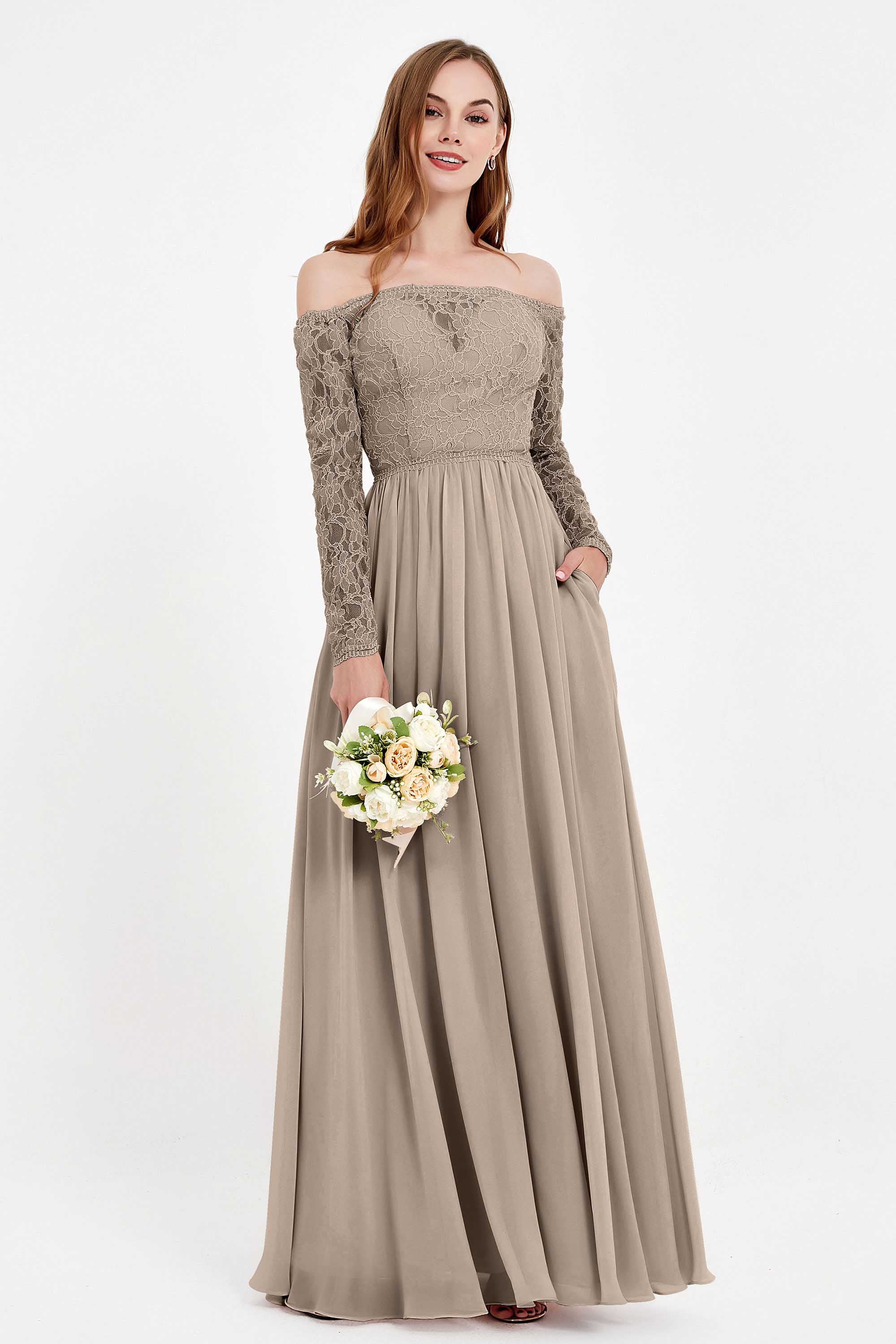 Flowy Chiffon Lace off the shoulder Bridesmaid Dress Long sleeves Formal Evening Party Dresses
